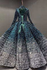 Glitter High Neck Open Back Lace Up Ball Gown Semi Formal Prom Dresses